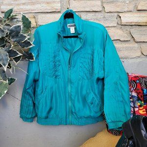 Vintage 90's 100% Silk Bright Turquoise Full Zip Retro Athleisure Jacket